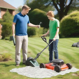 Two young landscapers are shouting at one another, pointing at a large pile of money on a grassy lawn