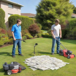 Two young landscapers are shouting at one another, pointing at a large pile of money on a grassy lawn