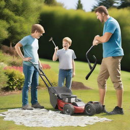 Two young landscapers are shouting at one another, pointing at a large pile of money on a grassy lawn