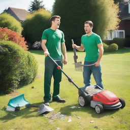 Two young landscapers are shouting at one another, pointing at a large pile of money on a grassy lawn