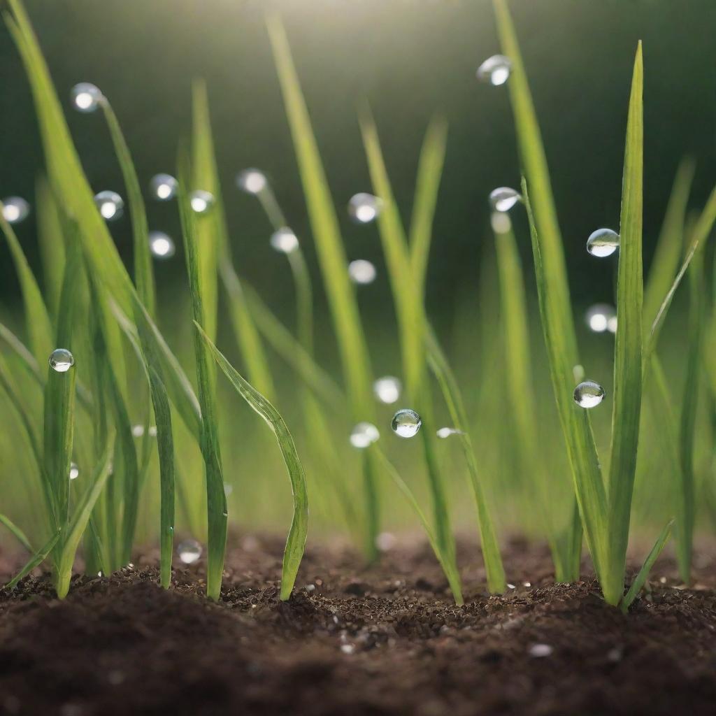 Enhance the scene by adding more elements. Surround the talking seed with details of nature: blades of grass, dew drops, soft sunlight filtering onto the soil, making the seed's lively presence feel vividly tangible in this ordinary yet magical world.