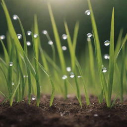 Enhance the scene by adding more elements. Surround the talking seed with details of nature: blades of grass, dew drops, soft sunlight filtering onto the soil, making the seed's lively presence feel vividly tangible in this ordinary yet magical world.