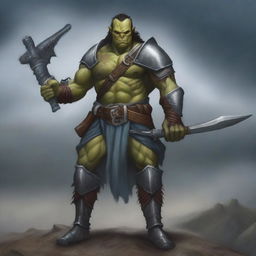 A fierce half-orc warrior standing in a battle-ready pose, wearing rugged armor and holding a large, menacing weapon