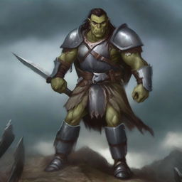 A fierce half-orc warrior standing in a battle-ready pose, wearing rugged armor and holding a large, menacing weapon