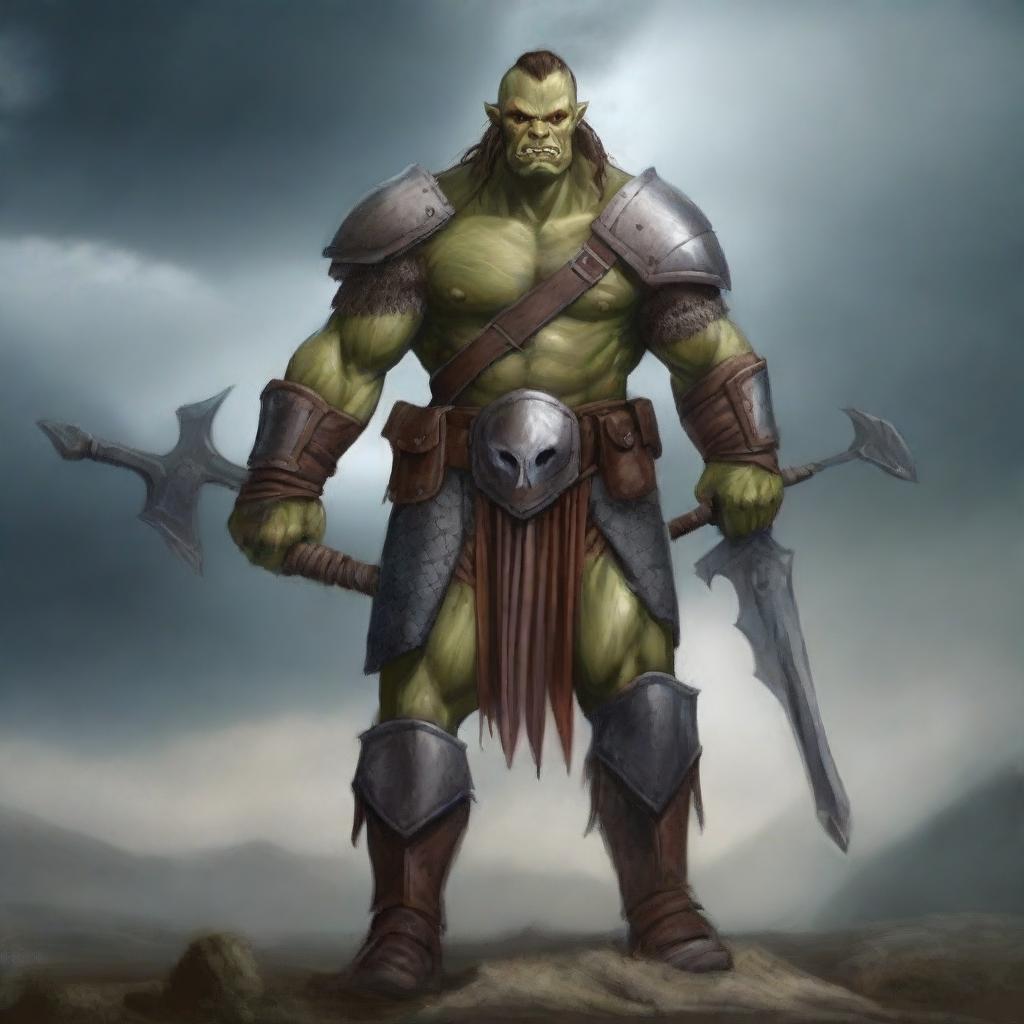 A fierce half-orc warrior standing in a battle-ready pose, wearing rugged armor and holding a large, menacing weapon