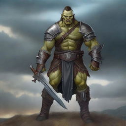 A fierce half-orc warrior standing in a battle-ready pose, wearing rugged armor and holding a large, menacing weapon