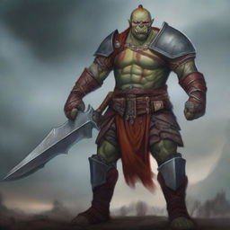 A fierce red-skinned half-orc warrior, covered in many battle wounds and adorned with tattoos representing his victories