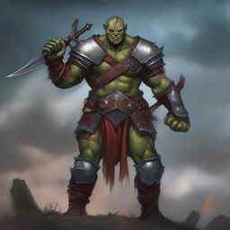 A fierce red-skinned half-orc warrior, covered in many battle wounds and adorned with tattoos representing his victories