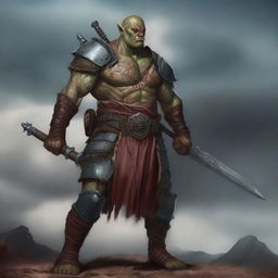 A fierce red-skinned half-orc warrior, covered in many battle wounds and adorned with tattoos representing his victories