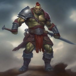 A fierce red-skinned half-orc warrior, covered in many battle wounds and adorned with tattoos representing his victories