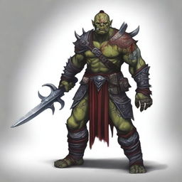 A fierce red-skinned half-orc warrior, covered in many battle wounds and adorned with tattoos representing his victories