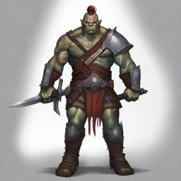 A fierce red-skinned half-orc warrior, covered in many battle wounds and adorned with tattoos representing his victories