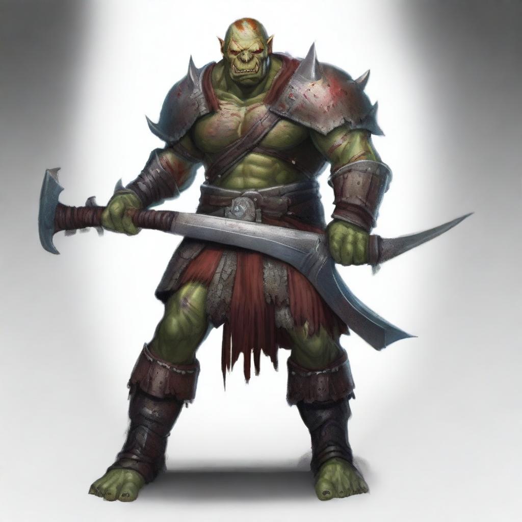 A fierce red-skinned half-orc warrior, covered in many battle wounds and adorned with tattoos representing his victories