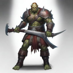 A fierce red-skinned half-orc warrior, covered in many battle wounds and adorned with tattoos representing his victories