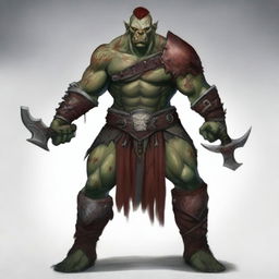 A fierce red-skinned half-orc warrior, covered in many battle wounds and adorned with tattoos representing his victories