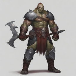 A fierce red-skinned half-orc warrior who appears more human-like, covered in many battle wounds and adorned with tattoos representing his victories