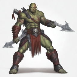 A fierce red-skinned half-orc warrior who appears more human-like, covered in many battle wounds and adorned with tattoos representing his victories