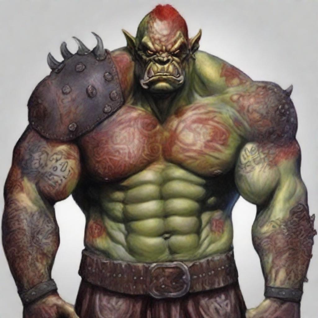 A fierce red-skinned orc warrior, covered in many battle wounds and adorned with tattoos representing his victories