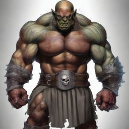 A fierce red-skinned orc warrior, covered in many battle wounds and adorned with tattoos representing his victories