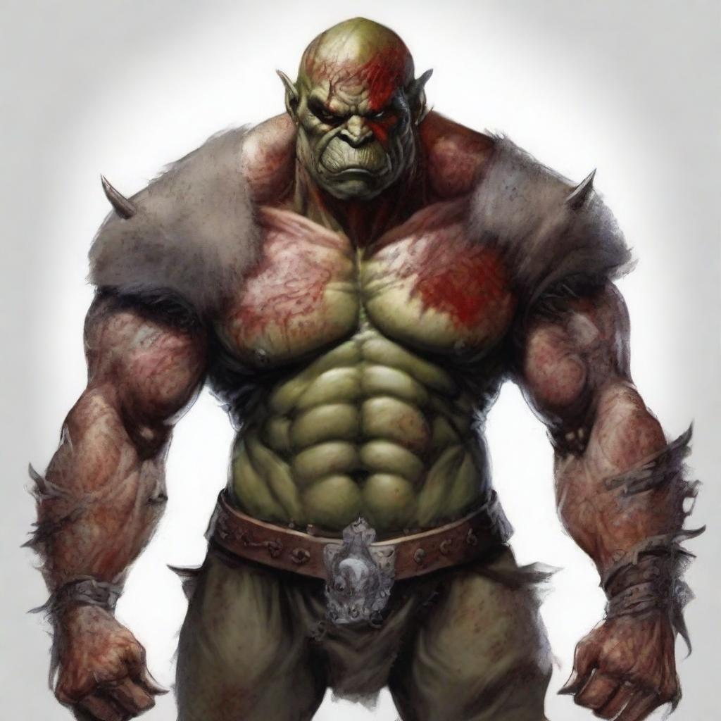 A fierce red-skinned orc warrior, covered in many battle wounds and adorned with tattoos representing his victories