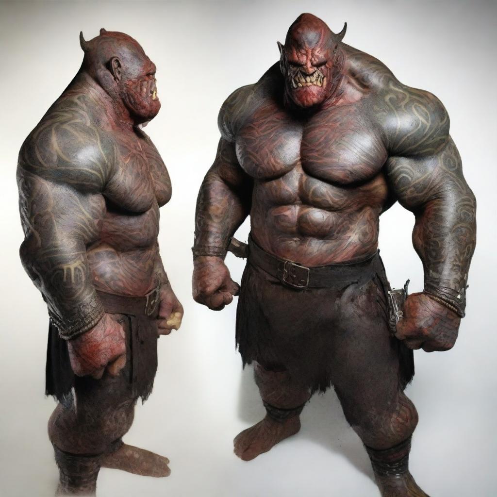 A fierce red-skinned orc warrior, covered in many battle wounds and adorned with tattoos representing his victories