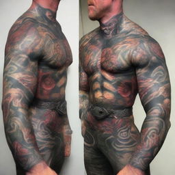 A fierce red-skinned orc warrior, covered in many battle wounds and adorned with tattoos representing his victories