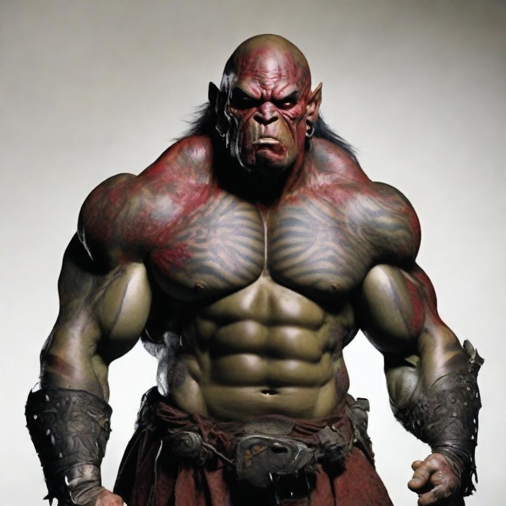 A fierce red-skinned orc warrior, covered in many battle wounds and adorned with tattoos representing his victories