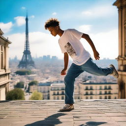 A teenage boy from the hills of Rio de Janeiro is breakdancing with a Parisian background