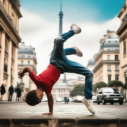 A teenage boy from the hills of Rio de Janeiro is breakdancing with a Parisian background