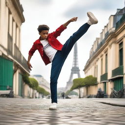 A teenage boy from the hills of Rio de Janeiro is breakdancing with a Parisian background