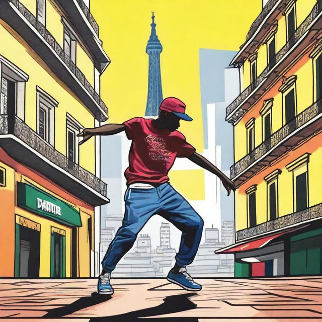 A teenage boy from the hills of Rio de Janeiro is breakdancing with a Parisian background