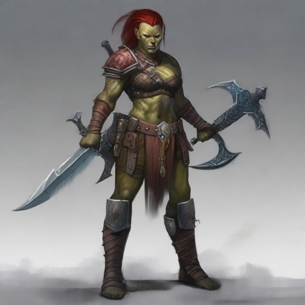 A fierce red-skinned half-orc female warrior, covered in many battle wounds and adorned with tattoos representing her victories