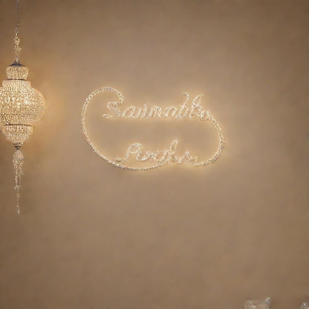 Elegant sign reading 'Sainath Pearls World' adorned with lustrous pearls, set against an aesthetically pleasing background enveloped by soft, ambient light.