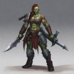 A fierce red-skinned half-orc female warrior, covered in many battle wounds and adorned with tattoos representing her victories