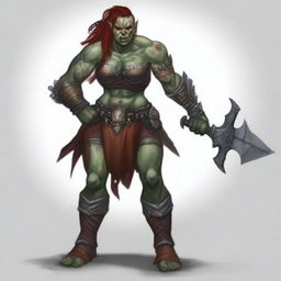 A fierce red-skinned half-orc female warrior, covered in many battle wounds and adorned with tattoos representing her victories