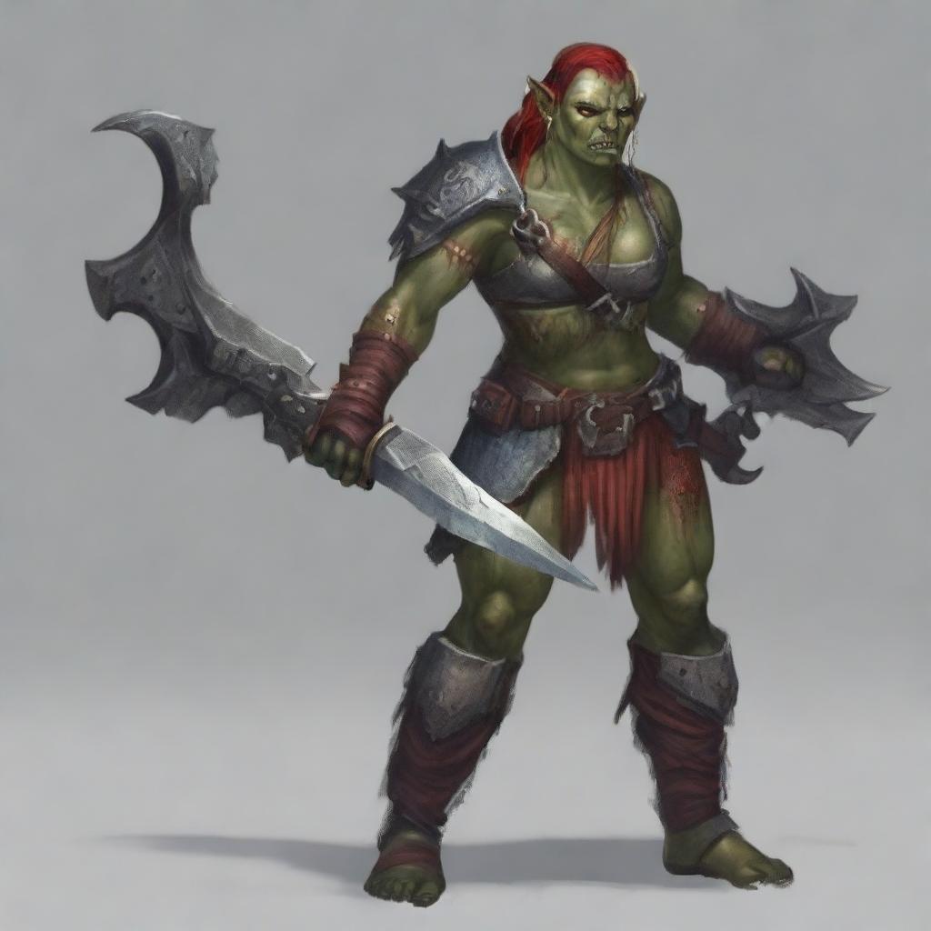 A fierce red-skinned half-orc female warrior, covered in many battle wounds and adorned with tattoos representing her victories