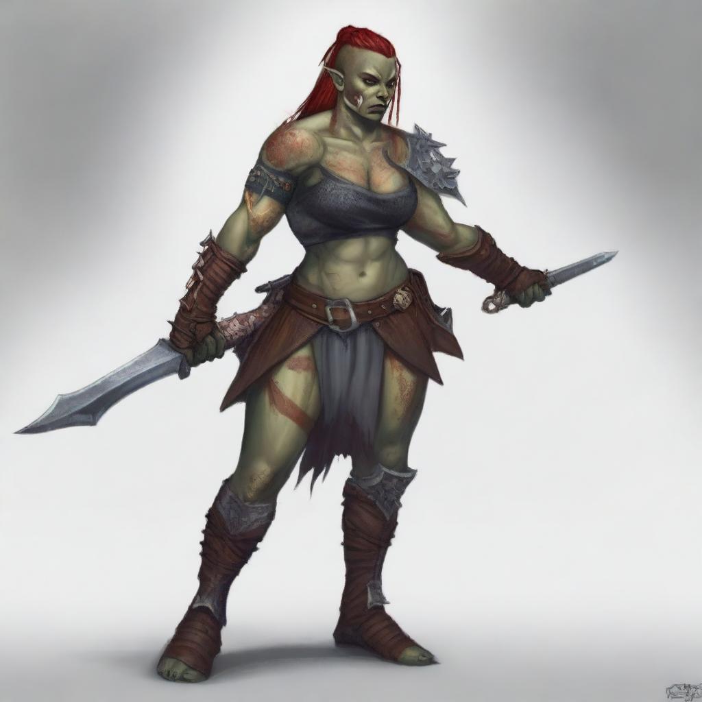 A fierce yet alluring red-skinned half-orc female warrior, covered in many battle wounds and adorned with tattoos representing her victories