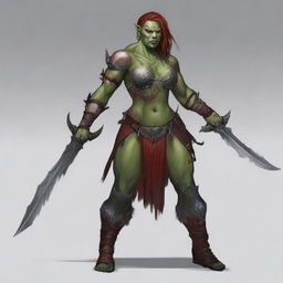 A fierce yet alluring red-skinned half-orc female warrior, covered in many battle wounds and adorned with tattoos representing her victories