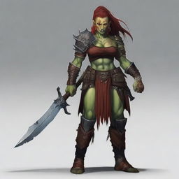 A fierce yet alluring red-skinned half-orc female warrior, covered in many battle wounds and adorned with tattoos representing her victories