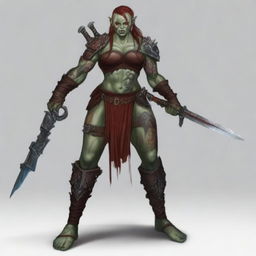 A fierce yet alluring red-skinned half-orc female warrior, covered in many battle wounds and adorned with tattoos representing her victories