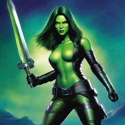 A detailed illustration of Gamora, the fierce and skilled warrior from Guardians of the Galaxy