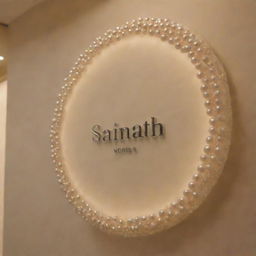 Elegant sign reading 'Sainath Pearls World' adorned with lustrous pearls, set against an aesthetically pleasing background enveloped by soft, ambient light.