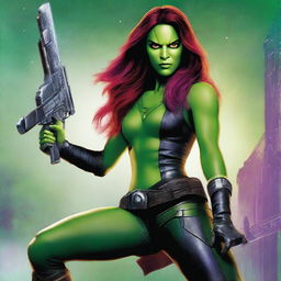 A detailed illustration of Gamora, the fierce and skilled warrior from Guardians of the Galaxy