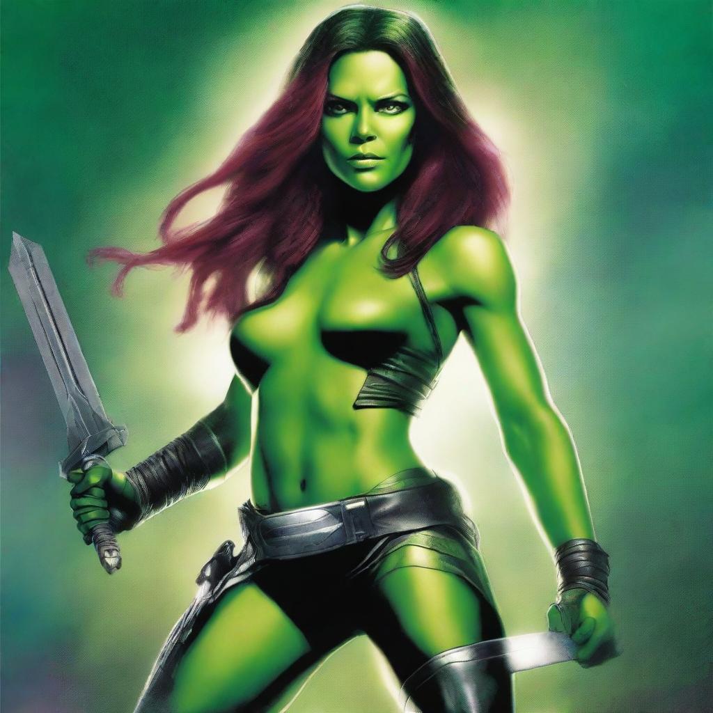 A detailed illustration of Gamora, the fierce and skilled warrior from Guardians of the Galaxy, holding swords in both hands