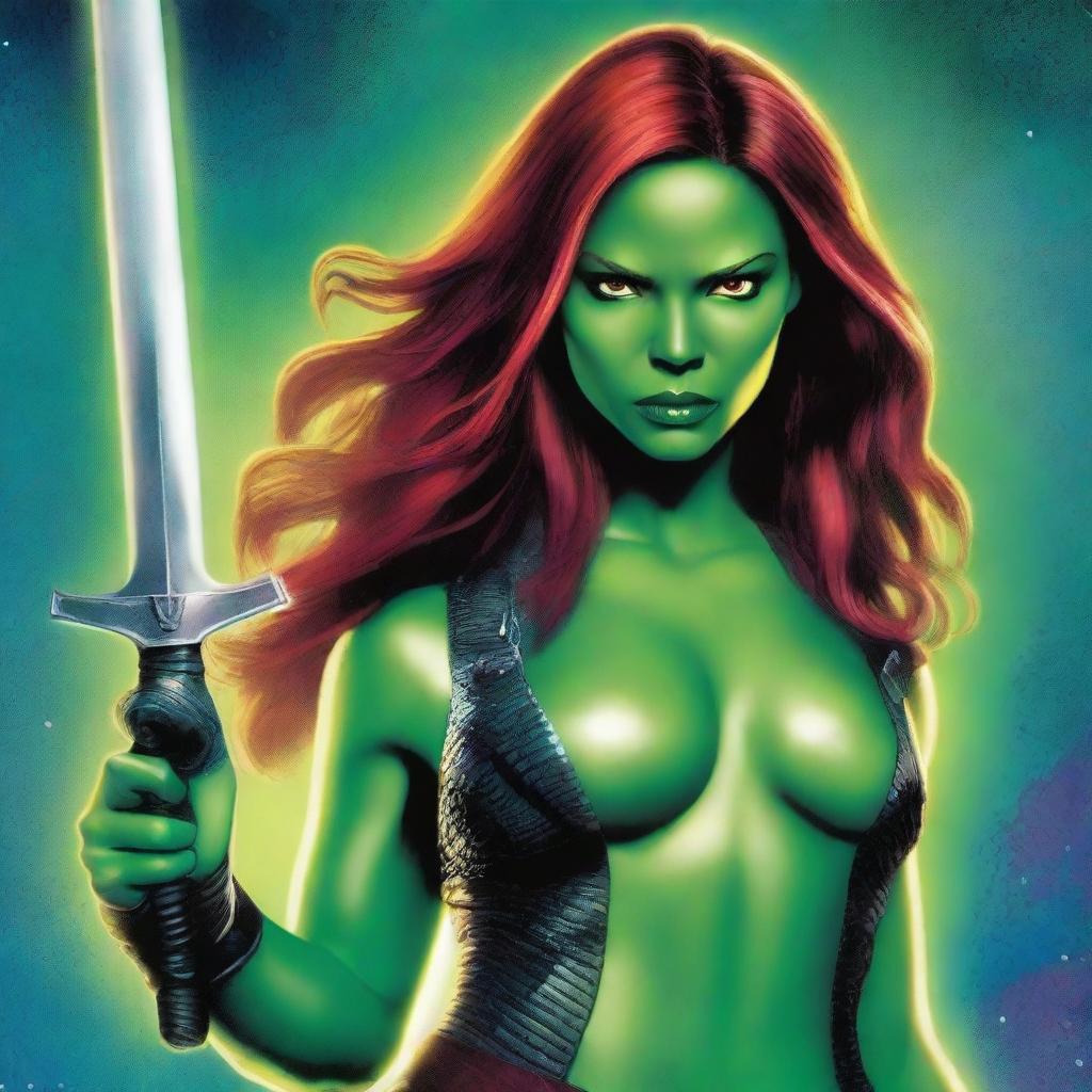 A detailed illustration of Gamora, the fierce and skilled warrior from Guardians of the Galaxy, holding swords in both hands