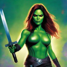 A detailed illustration of Gamora, the fierce and skilled warrior from Guardians of the Galaxy, holding swords in both hands