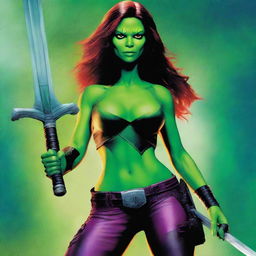 A detailed illustration of Gamora, the fierce and skilled warrior from Guardians of the Galaxy, holding swords in both hands