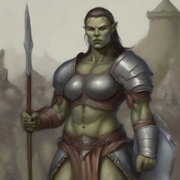 A detailed illustration of a half-orc female warrior who has more human-like features