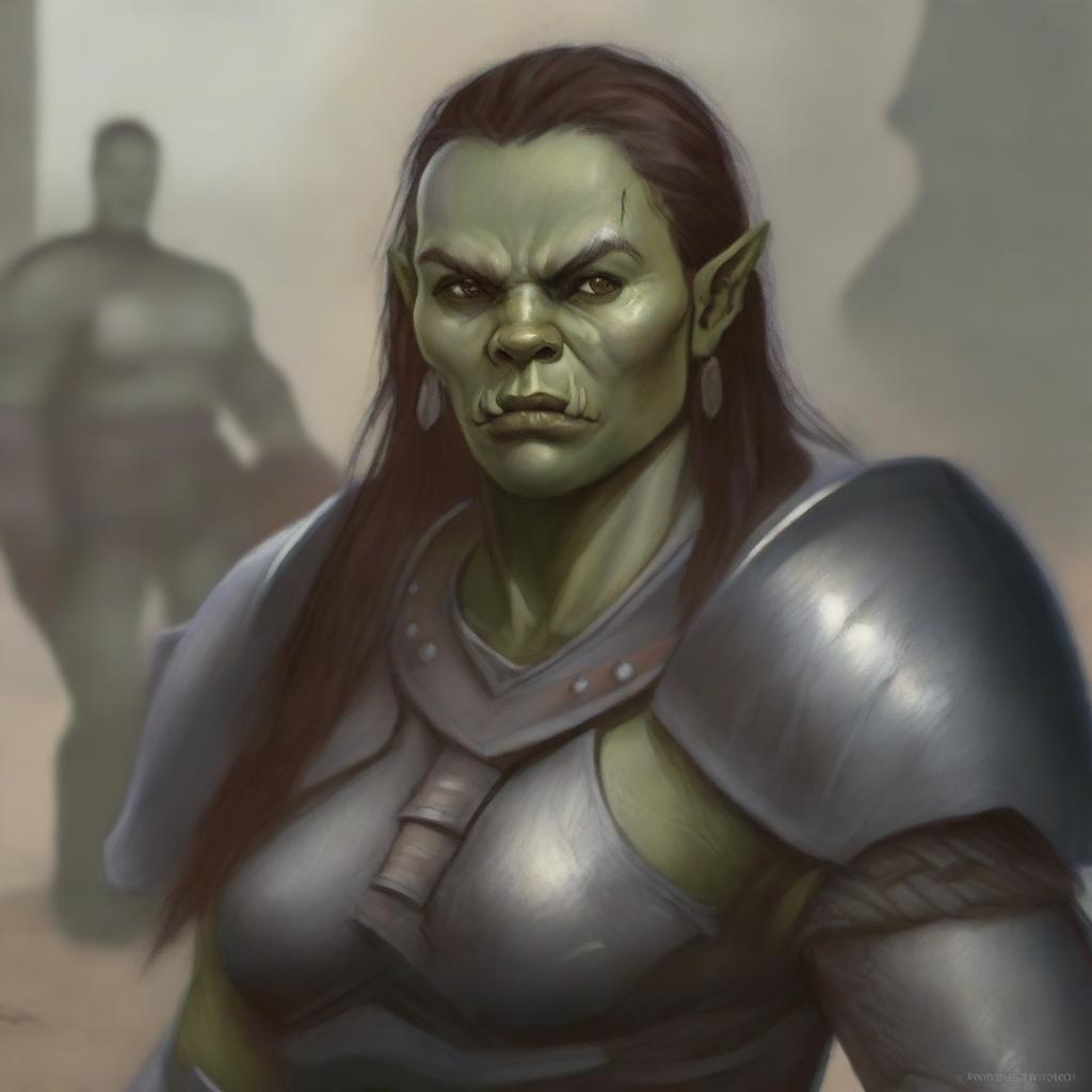 A detailed illustration of a half-orc female warrior who has more human-like features