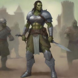 A detailed illustration of a half-orc female warrior who has more human-like features